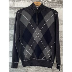 BKE Standard Fit Sweater Men's XL 100% Cotton Gray Black Argyle 1/4 Zip Preppy
